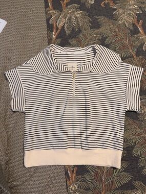 Umgee White and Black Striped Short Sleeve Zip Polo Top